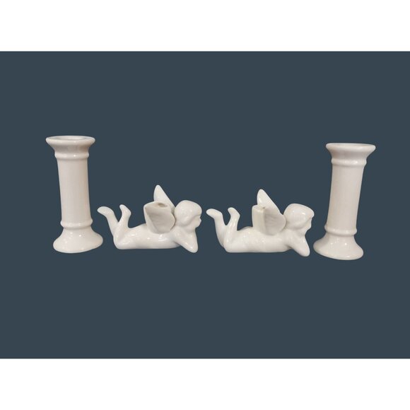 Vintage Cherub Angel Cupid And White Columns Ceramic Candlestick Candle Holders - Picture 1 of 7